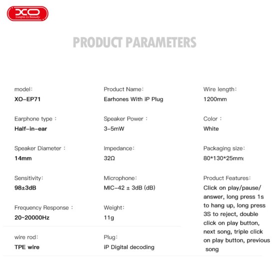 XO EP71 Lightning In ear Άσπρο XO EP71 Lightning In ear Άσπρο