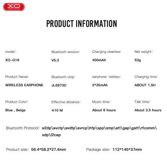 XO G16 Ακουστικά Bluetooth TWS ENC (Μπλέ) XO G16 Ακουστικά Bluetooth TWS ENC (Μπλέ)