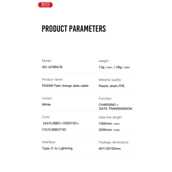 XO NB-Q189A PD 20W Καλώδιο Φόρτισης + Data Type-C σε Lightning 1m XO NB-Q189A PD 20W Καλώδιο Φόρτισης + Data Type-C σε Lightning 1m