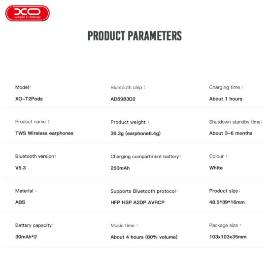 XO T2 Pods Bluetooth Ακουστικά 2ης Γενιάς