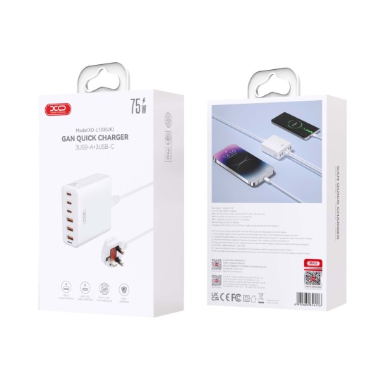 XO L133(EU) 75W GaN 3A+3C Desktop Fast Charger with 1.5M Power Cord XO L133(EU) 75W GaN 3A+3C Desktop Fast Charger with 1.5M Power Cord