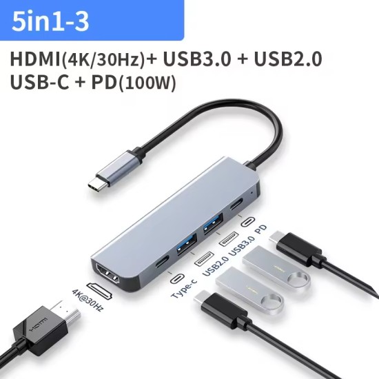 Αντάπτορας 5 σε 1 PD 100W Type-C HDTV USB2.0/3.0 4K 30HZ Αντάπτορας 5 σε 1 PD 100W Type-C HDTV USB2.0/3.0 4K 30HZ