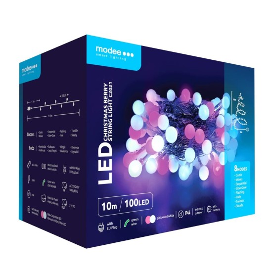 Modee Christmas LED Λαμπάκια Τύπου Berry με Βύσμα (100LED/10m/10cm) Ροζ & Ψυχρό
