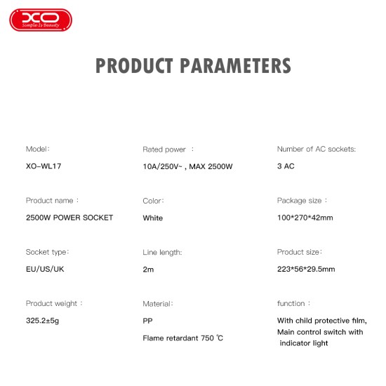 XO WL17 (UK) long row 3AC socket with switch XO WL17 (UK) long row 3AC socket with switch