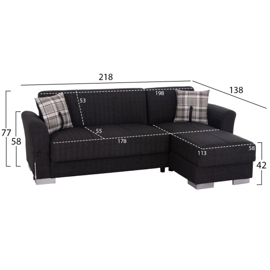 ΓΩΝΙΑΚΟΣ ΚΑΝΑΠΕΣ-ΚΡΕΒΑΤΙ ΜΕ ΑΠΟΘ. ΧΩΡΟ BRONKO HM3291.01 ΑΝΘΡΑΚΙ ΥΦΑΣΜΑ 218x138x77Y