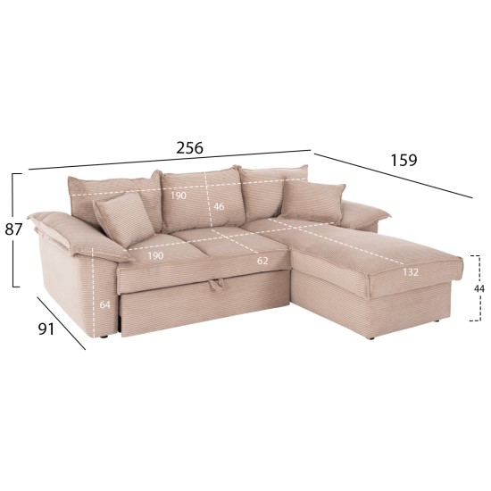 ΓΩΝΙΑΚΟΣ ΚΑΝΑΠΕΣ-ΚΡΕΒΑΤΙ ΜΕ ΑΠΟΘ.ΧΩΡΟ TRENDSTON HM3302.01L ΓΚΡΙ ΥΦΑΣΜΑ 298x177x95Υεκ