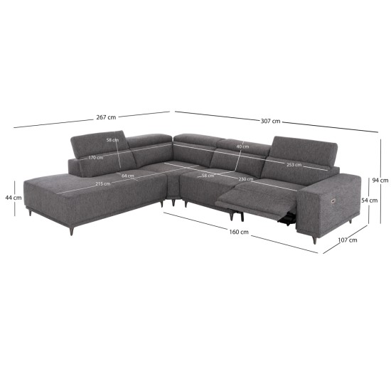 ΚΑΝΑΠΕΣ ΑΡΙΣΤΕΡΗ ΓΩΝΙΑ 5Θ ΜΕ RECLINE LUNARIS HM3316.01L ΓΚΡΙ ΥΦΑΣΜΑ 307x267x94Yεκ