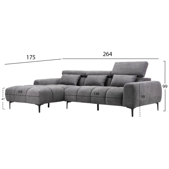 ΚΑΝΑΠΕΣ ΑΡΙΣΤΕΡΗ ΓΩΝΙΑ DIVYA HM3267.12L ΓΚΡΙ ΥΦΑΣΜΑ 264x175x99Υεκ.