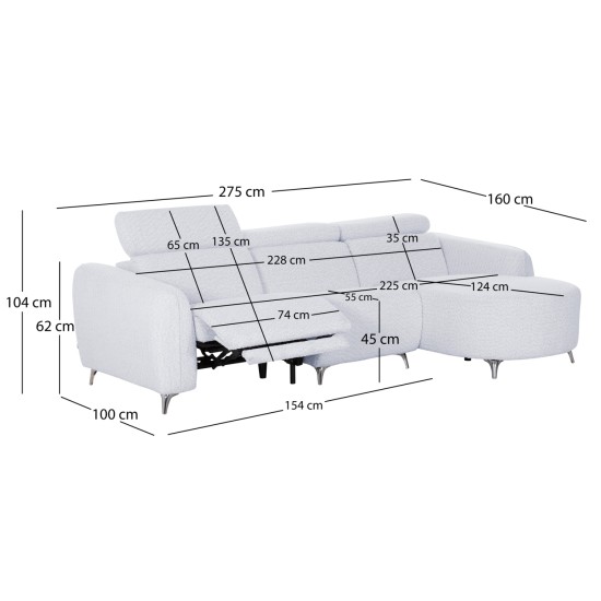 ΚΑΝΑΠΕΣ ΔΕΞΙΑ ΓΩΝΙΑ 3Θ ΜΕ RECLINE VALENTE HM3317.02R ΜΠΕΖ ΥΦΑΣΜΑ 275x160x104Yεκ