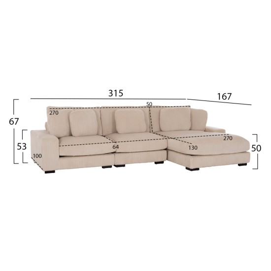 ΚΑΝΑΠΕΣ ΔΕΞΙΑ ΓΩΝΙΑ CRANFIELD HM3287.02R ΜΠΕΖ ΡΙΓΕ ΥΦΑΣΜΑ 315x167(γωνία)x67Υεκ.