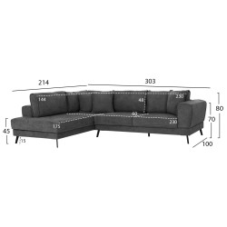 ΚΑΝΑΠΕΣ ΚΡΕΒΑΤΙ ΑΡΙΣΤΕΡΗ ΓΩΝΙΑ ZENORA HM3337.01L ΣΚΟΥΡΟ ΓΚΡΙ ΥΦΑΣΜΑ 303x214x80Υεκ