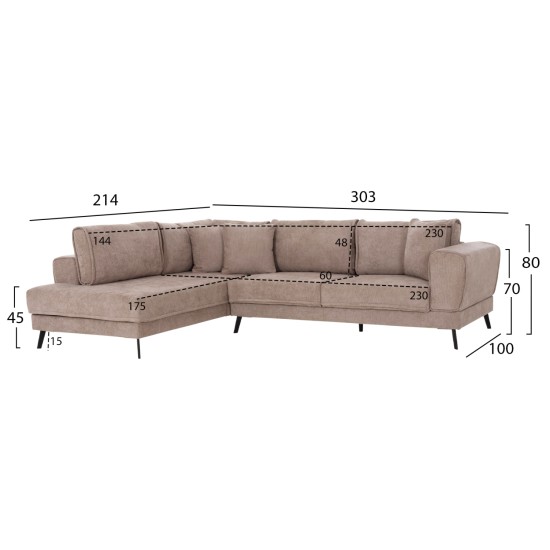 ΚΑΝΑΠΕΣ ΚΡΕΒΑΤΙ ΑΡΙΣΤΕΡΗ ΓΩΝΙΑ ZENORA HM3337.03L ΜΠΕΖ ΥΦΑΣΜΑ 303x214x80Υεκ