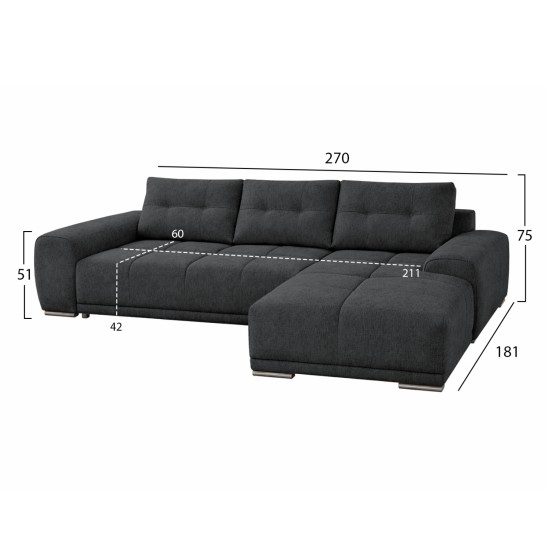 ΚΑΝΑΠΕΣ ΚΡΕΒΑΤΙ ΔΕΞΙΑ ΓΩΝΙΑ COMFYRA HM3336.01R ΓΚΡΙ ΥΦΑΣΜΑ 270x181x75Υεκ