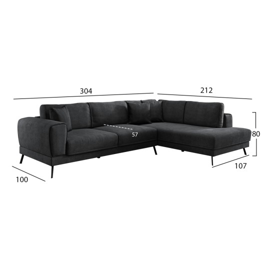 ΚΑΝΑΠΕΣ ΚΡΕΒΑΤΙ ΔΕΞΙΑ ΓΩΝΙΑ ZENORA HM3337.01R ΣΚΟΥΡΟ ΓΚΡΙ ΥΦΑΣΜΑ 304x212x80Υεκ