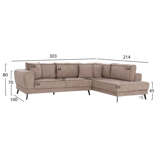 ΚΑΝΑΠΕΣ ΚΡΕΒΑΤΙ ΔΕΞΙΑ ΓΩΝΙΑ ZENORA HM3337.03R ΜΠΕΖ ΥΦΑΣΜΑ 303x214x80Υεκ