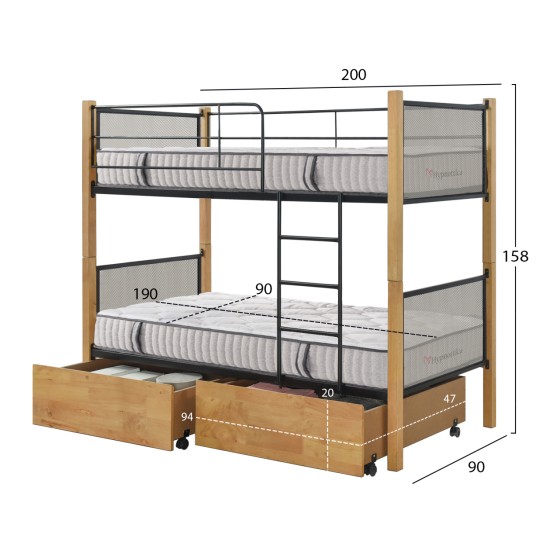 ΚΟΥΚΕΤΑ ΜΕ 2 ΣΥΡΤΑΡΙΑ & 2 ΣΤΡΩΜΑΤΑ 90X190εκ RAYVEN HM10749.05 ΞΥΛΟ ΚΑΡΥΔΙ ΚΑΙ ΜΕΤΑΛΛΟ