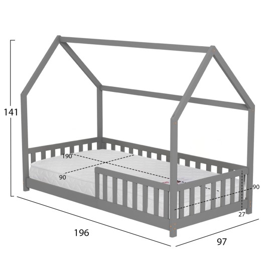 ΚΡΕΒΑΤΙ ΠΑΙΔΙΚΟ ΜΕ ΣΤΡΩΜΑ PHYLLIS HM21304.02 ΞΥΛΟ ΠΕΥΚΟΥ ΣΕ ΓΚΡΙ--ΣΤΡΩΜΑ 90x190εκ