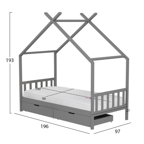 ΚΡΕΒΑΤΙ ΠΑΙΔΙΚΟ ΜΕ ΣΤΡΩΜΑ KLARICE HM21305.02 ΞΥΛΟ ΠΕΥΚΟΥ ΣΕ ΓΚΡΙ--ΣΤΡΩΜΑ 90x190εκ