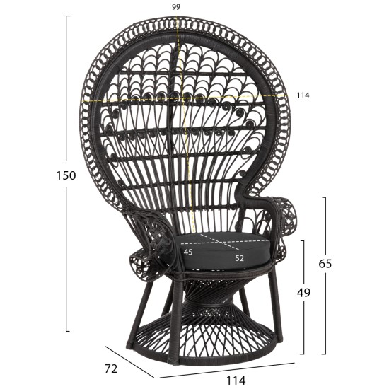 ΠΟΛΥΘΡΟΝΑ ROYAL PEACOCK HM9342.03 RATTAN ΜΑΥΡΟ-ΜΑΞΙΛΑΡΙ ΜΑΥΡΟ 114x72x150Yεκ.