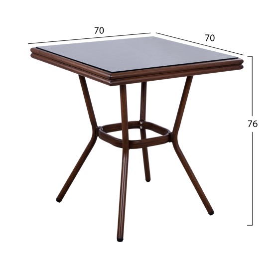 ΤΡΑΠΕΖΙ ΑΛΟΥΜΙΝΙΟΥ HARLOW 70X70X76Υ ΜΕ ΟΨΗ BAMBOO HM5568.03 ΚΑΦΕ ΜΕ ΓΥΑΛΙ