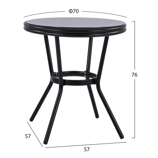 ΤΡΑΠΕΖΙ ΑΛΟΥΜΙΝΙΟΥ MOSES Φ70 BAMBOO LOOK HM5532.02 ΜΑΥΡΟ ΜΕ ΓΥΑΛΙ Φ70X76 εκ