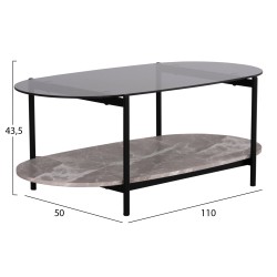 ΤΡΑΠΕΖΙ ΣΑΛΟΝΙΟΥ ΟΒΑΛ KITTY HM18040 ΓΥΑΛΙ ΦΙΜΕ TOP-GREY MARBLE ΜΕΛΑΜΙΝΗ 110x50x43Υεκ