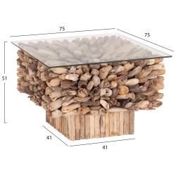 ΤΡΑΠΕΖΙ ΣΑΛΟΝΙΟΥ ΤΕΤΡΑΓΩΝΟ SPARROW HM9961 DRIFTWOOD--ΓΥΑΛΙ 75x75x51Υεκ.
