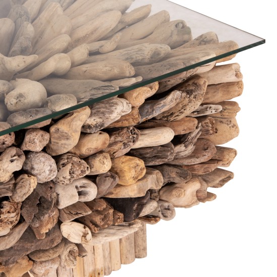 ΤΡΑΠΕΖΙ ΣΑΛΟΝΙΟΥ ΤΕΤΡΑΓΩΝΟ SPARROW HM9961 DRIFTWOOD--ΓΥΑΛΙ 75x75x51Υεκ.