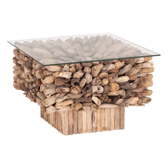 ΤΡΑΠΕΖΙ ΣΑΛΟΝΙΟΥ ΤΕΤΡΑΓΩΝΟ SPARROW HM9961 DRIFTWOOD--ΓΥΑΛΙ 75x75x51Υεκ.