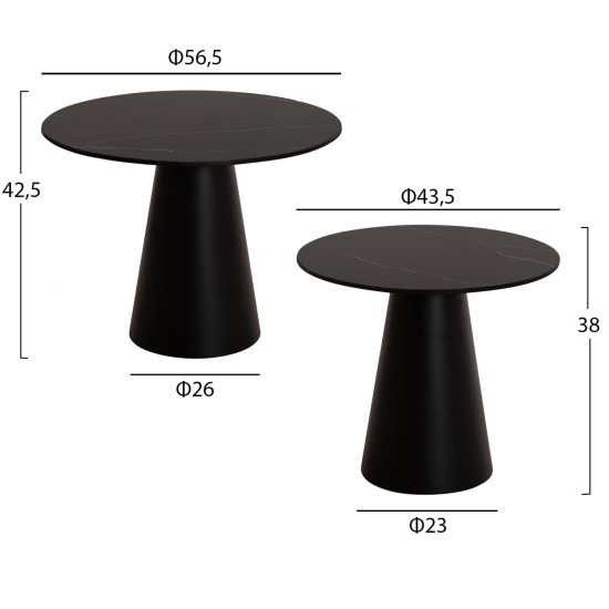 ΤΡΑΠΕΖΙA ΣΑΛΟΝΙΟΥ 2ΤΜΧ DIEN HM9926 ΜΕΤΑΛ.ΒΑΣΕΙΣ & ΚΕΡΑΜΙΚΟ TOP-ΜΑΥΡΟ Φ56.5 & Φ43.5 εκ.