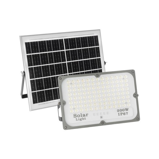 LUMOVOX 73068 Προβολέας LED 200W 10000lm 120° DC 5V με Φωτοβολταϊκό Panel 5V 12W & Επαναφορτιζόμενη Μπαταρία Li-ion 3.2V 10000mAh Αδιάβροχο IP67 Ψυχρό Λευκό 6000K - 180 x SMD2835 Sanan Chip - Γκρι Ανθρακί - Μ29.5 x Π5.5 x Υ19cm - 2 Χρόνια Εγγύηση