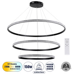 DIAMOND TRIO 61140 Κρεμαστό Φωτιστικό Δαχτυλίδι-Κύκλος LED CCT 150W 18379lm 360° AC 220-240V - Εναλλαγή Φωτισμού μέσω Τηλεχειριστηρίου All In One Ψυχρό 6000k+Φυσικό 4500k+Θερμό 2700k Dimmable Φ60+80+100cm - Μαύρο - 3 Years Warranty