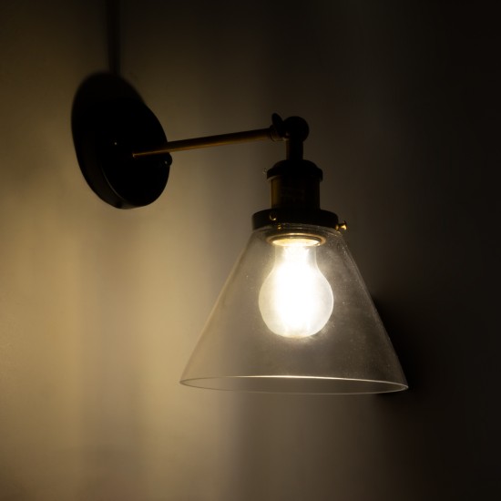 BINGLEY 01074 Vintage Φωτιστικό Τοίχου - Απλίκα με Ντουί 1 x E27 AC 220-240V IP20 - Διάφανο & Χρυσό - Μ18 x Π28 x Υ25cm