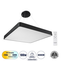 KAMALA 61210-P Κρεμαστή Πλαφονιέρα Οροφής LED CCT 100W 11020lm 120° AC 220-240V - Εναλλαγή Φωτισμού μέσω Τηλεχειριστηρίου All In One Ψυχρό 6000k+Φυσικό 4500k+Θερμό 2700k Dimmable Μ80 x Π80 x Υ8cm- Μαύρο - 3 Years Warranty