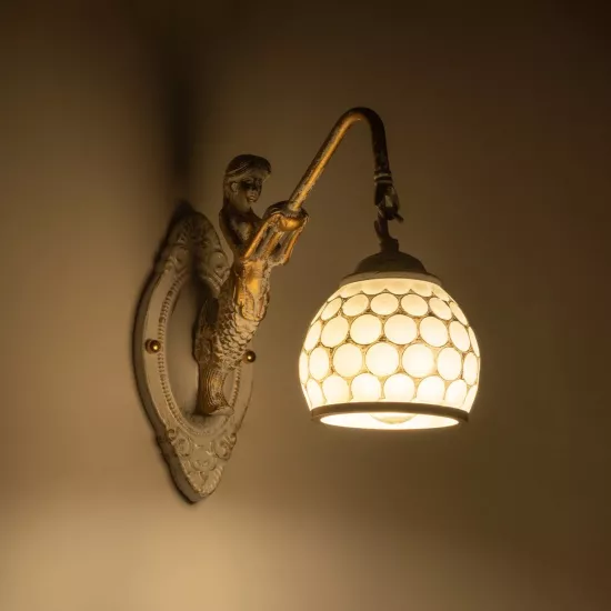 MERMAID 01317 Vintage Επιτοίχιο Φωτιστικό Απλίκα Μονόφωτο 1 x E27 IP20 Λευκό Γυαλί με Λευκό & Χρυσό Μέταλλο - Μ28 x Π14 x Υ24cm