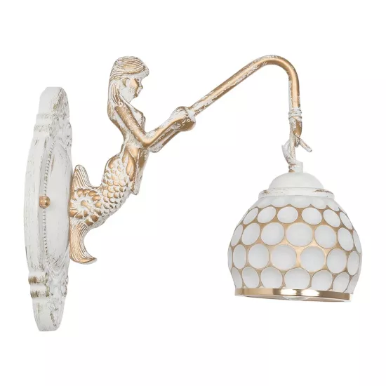 MERMAID 01317 Vintage Επιτοίχιο Φωτιστικό Απλίκα Μονόφωτο 1 x E27 IP20 Λευκό Γυαλί με Λευκό & Χρυσό Μέταλλο - Μ28 x Π14 x Υ24cm