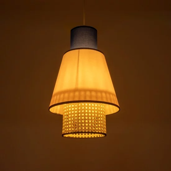 SAIGE 01921 Boho Κρεμαστό Φωτιστικό Πλέγμα Μονόφωτο 1 x E27 IP20 Μπεζ Ξύλο με Μπλε & Ροζ Ύφασμα - Μ30 x Π30 x Υ48cm