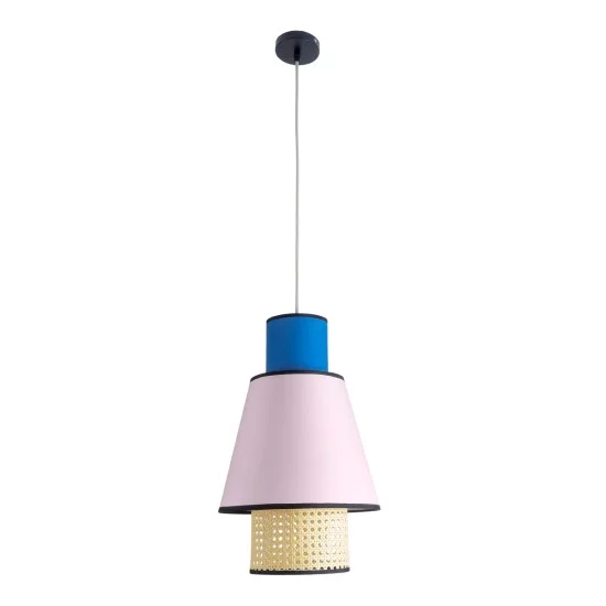 SAIGE 01921 Boho Κρεμαστό Φωτιστικό Πλέγμα Μονόφωτο 1 x E27 IP20 Μπεζ Ξύλο με Μπλε & Ροζ Ύφασμα - Μ30 x Π30 x Υ48cm