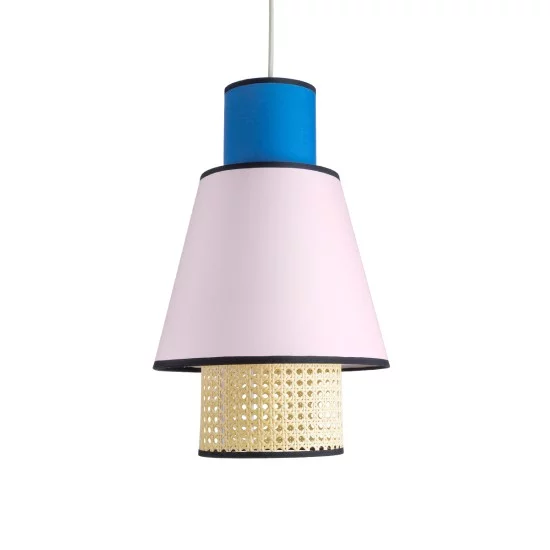 SAIGE 01921 Boho Κρεμαστό Φωτιστικό Πλέγμα Μονόφωτο 1 x E27 IP20 Μπεζ Ξύλο με Μπλε & Ροζ Ύφασμα - Μ30 x Π30 x Υ48cm