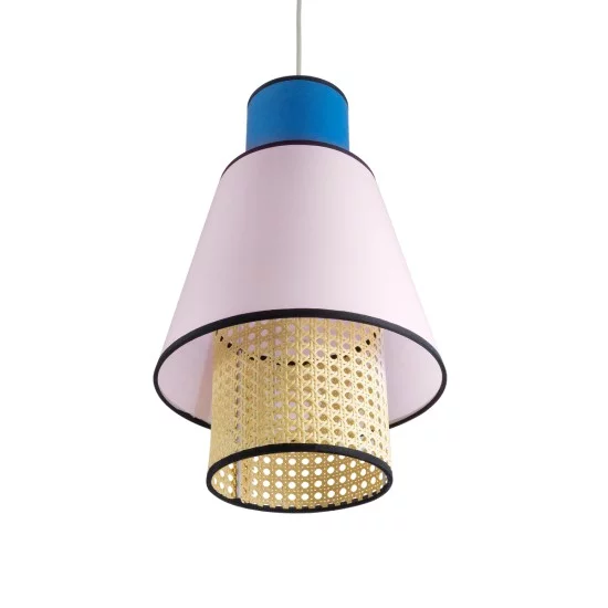 SAIGE 01921 Boho Κρεμαστό Φωτιστικό Πλέγμα Μονόφωτο 1 x E27 IP20 Μπεζ Ξύλο με Μπλε & Ροζ Ύφασμα - Μ30 x Π30 x Υ48cm