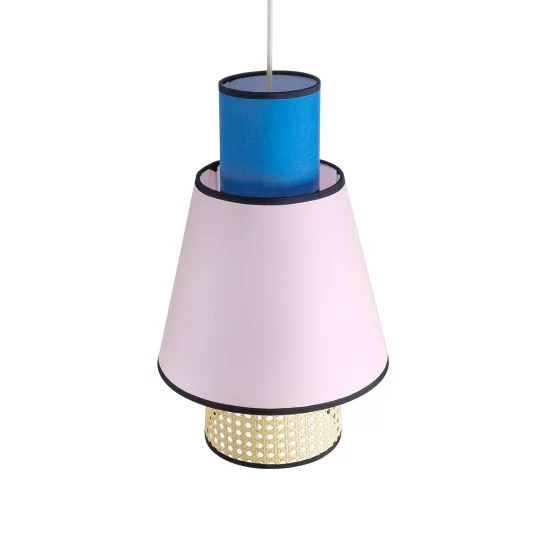 SAIGE 01921 Boho Κρεμαστό Φωτιστικό Πλέγμα Μονόφωτο 1 x E27 IP20 Μπεζ Ξύλο με Μπλε & Ροζ Ύφασμα - Μ30 x Π30 x Υ48cm