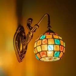 MERMAID 02389 Vintage Φωτιστικό Τοίχου - Απλίκα με Ντουί 1 x E27 AC 220-240V IP20 - Μπρούτζινο & Πολύχρωμο - Μ17 x Π30 x Υ27cm