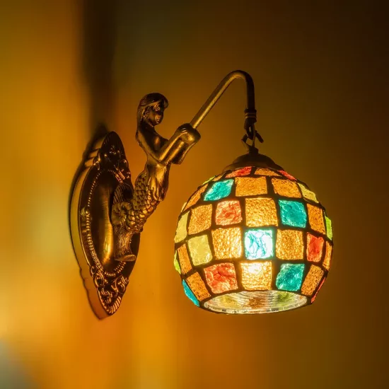 MERMAID 02389 Vintage Φωτιστικό Τοίχου - Απλίκα με Ντουί 1 x E27 AC 220-240V IP20 - Μπρούτζινο & Πολύχρωμο - Μ17 x Π30 x Υ27cm