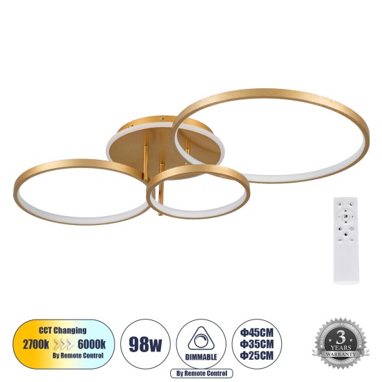 NEMESIS 61110 Μοντέρνο Φωτιστικό Οροφής LED 98W 11858lm 360° AC 220-240V IP20 Ρυθμιζόμενο Λευκό CCT με Χειριστήριο από 2700K έως 6000K Dimmable - Lumileds SMD Chip - Χρυσό Βούρτσας - Μ89 x Π60 x Υ19cm - 3 Χρόνια Εγγύηση