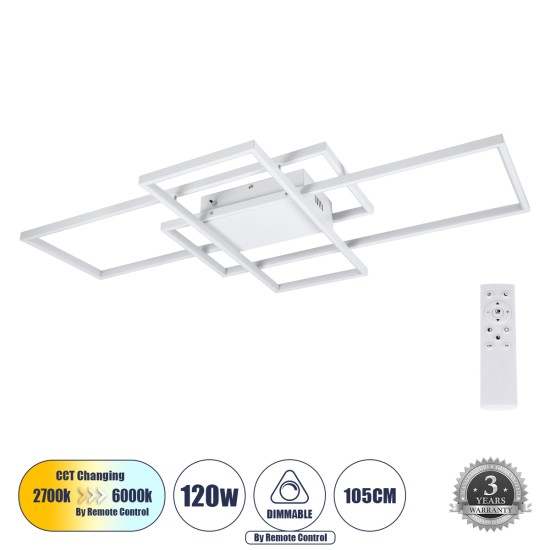 QUADRA 61389 Φωτιστικό Οροφής Design LED CCT 120W 14400lm 120° AC 220-240V - Εναλλαγή Φωτισμού μέσω Τηλεχειριστηρίου All In One Ψυχρό 6000k+Φυσικό 4500k+Θερμό 2700k Dimmable Μ105 x Π60 x Υ9cm - Λευκό - 3 Years Warranty