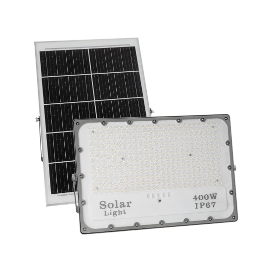 LUMOVOX 73070 Προβολέας LED 400W 20000lm 120° DC 5V με Φωτοβολταϊκό Panel 5V 25W & Επαναφορτιζόμενη Μπαταρία Li-ion 3.2V 20000mAh Αδιάβροχο IP67 Ψυχρό Λευκό 6000K - 400 x SMD2835 Sanan Chip - Γκρι Ανθρακί - Μ45 x Π7.5 x Υ30.5cm - 2 Χρόνια Εγγύηση