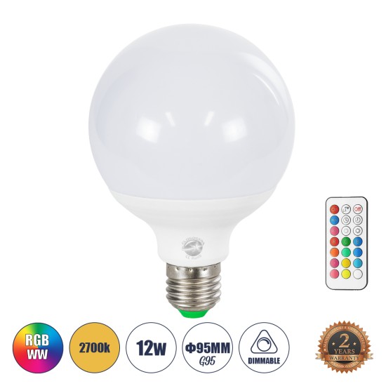 76071 Λάμπα LED E27 G95 Γλόμπος 12W 780lm 260° AC 220-240V IP20 Φ9.5 x Υ14cm - Εναλλαγή Φωτισμού μέσω Τηλεχειριστηρίου - Πολύχρωμο RGB+WW - 2 Years Warranty