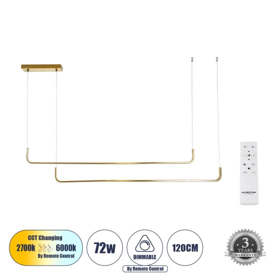 LINARIA DUO 60926 Μοντέρνο Κρεμαστό Φωτιστικό Οροφής LED 72W 8300lm 200° AC 220-240V IP20 Ρυθμιζόμενο Λευκό CCT με Χειριστήριο από 2700K έως 6000K Dimmable - Lumileds SMD Chip - Χρυσό Βούρτσας - Μ220 x Π4 x Υ25cm - 3 Χρόνια Εγγύηση