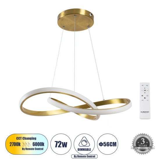 DEXTER 61051 Μοντέρνο Κρεμαστό Φωτιστικό Οροφής LED 72W 8064lm 300° AC 220-240V IP20 Ρυθμιζόμενο Λευκό CCT με Χειριστήριο από 2700K έως 6000K Dimmable - Lumileds SMD Chip - Χρυσό Βούρτσας - Μ56 x Π56 x Υ14cm - 3 Χρόνια Εγγύηση