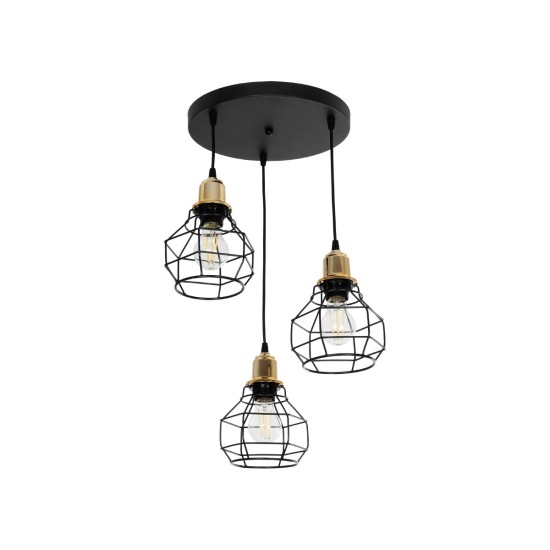 NOVARAY 201-0083 Vintage Κρεμαστό Φωτιστικό Οροφής με Ντουί 3 x E27 AC 220-240V IP20 - Μαύρο & Χρυσό - Μ40 x Π40 x Υ50cm